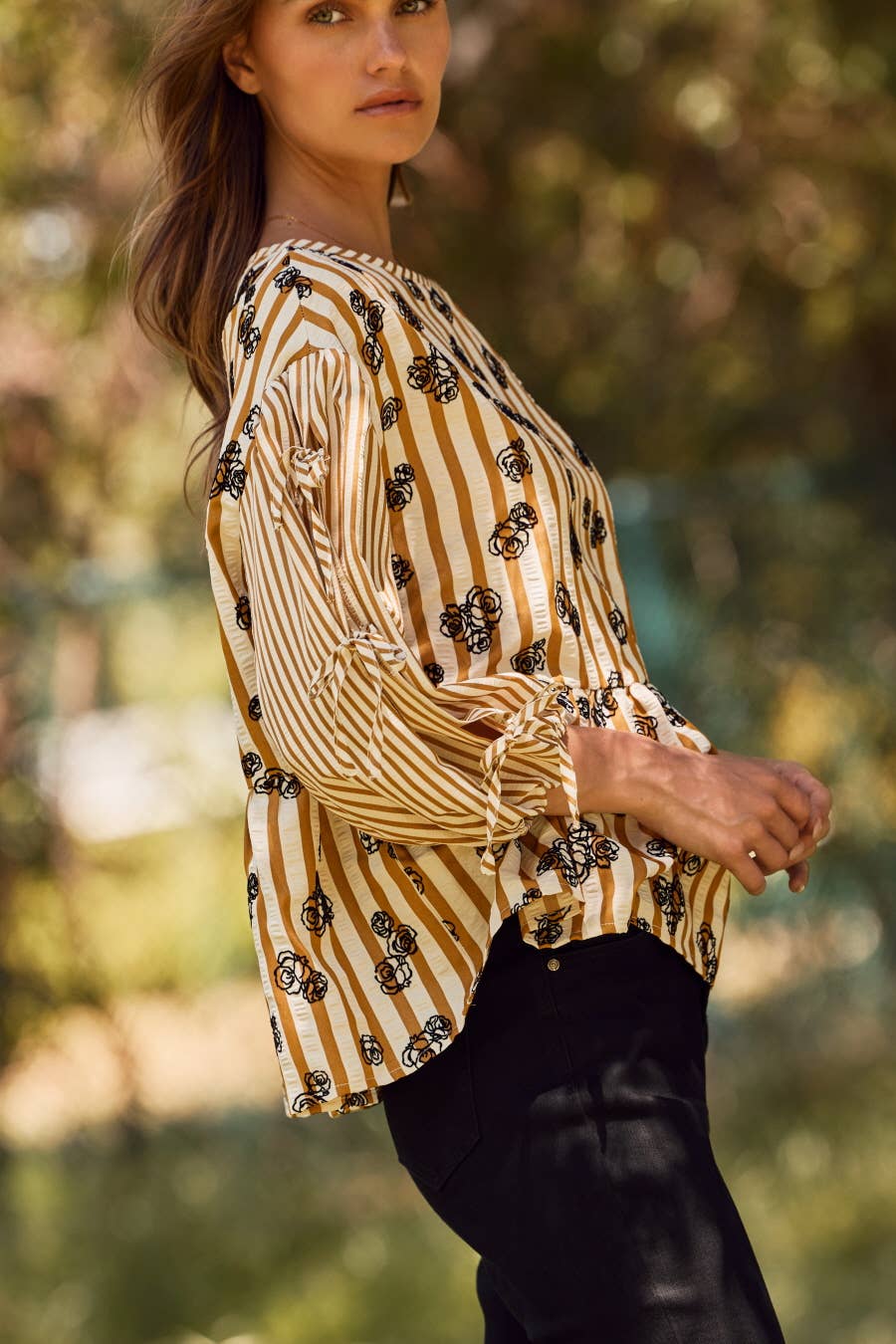 Flocked Floral Printed Striped Peplum Top