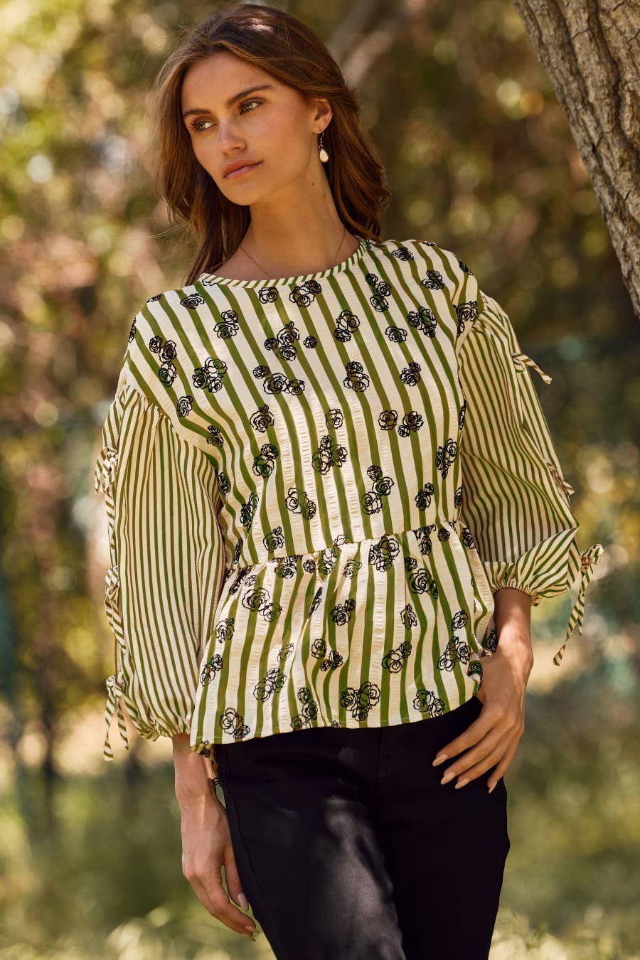 Flocked Floral Printed Striped Peplum Top
