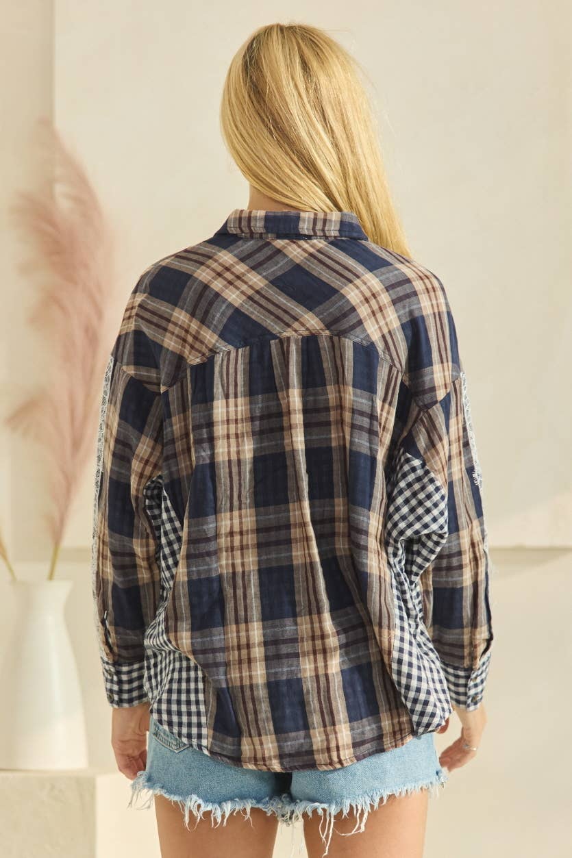 Mixed Contrast Plaid Oversized Shirt