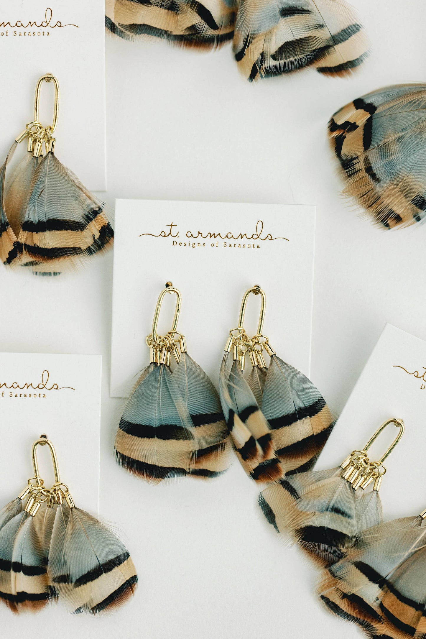 Brown Striped Feather Statement Tassel Earrings