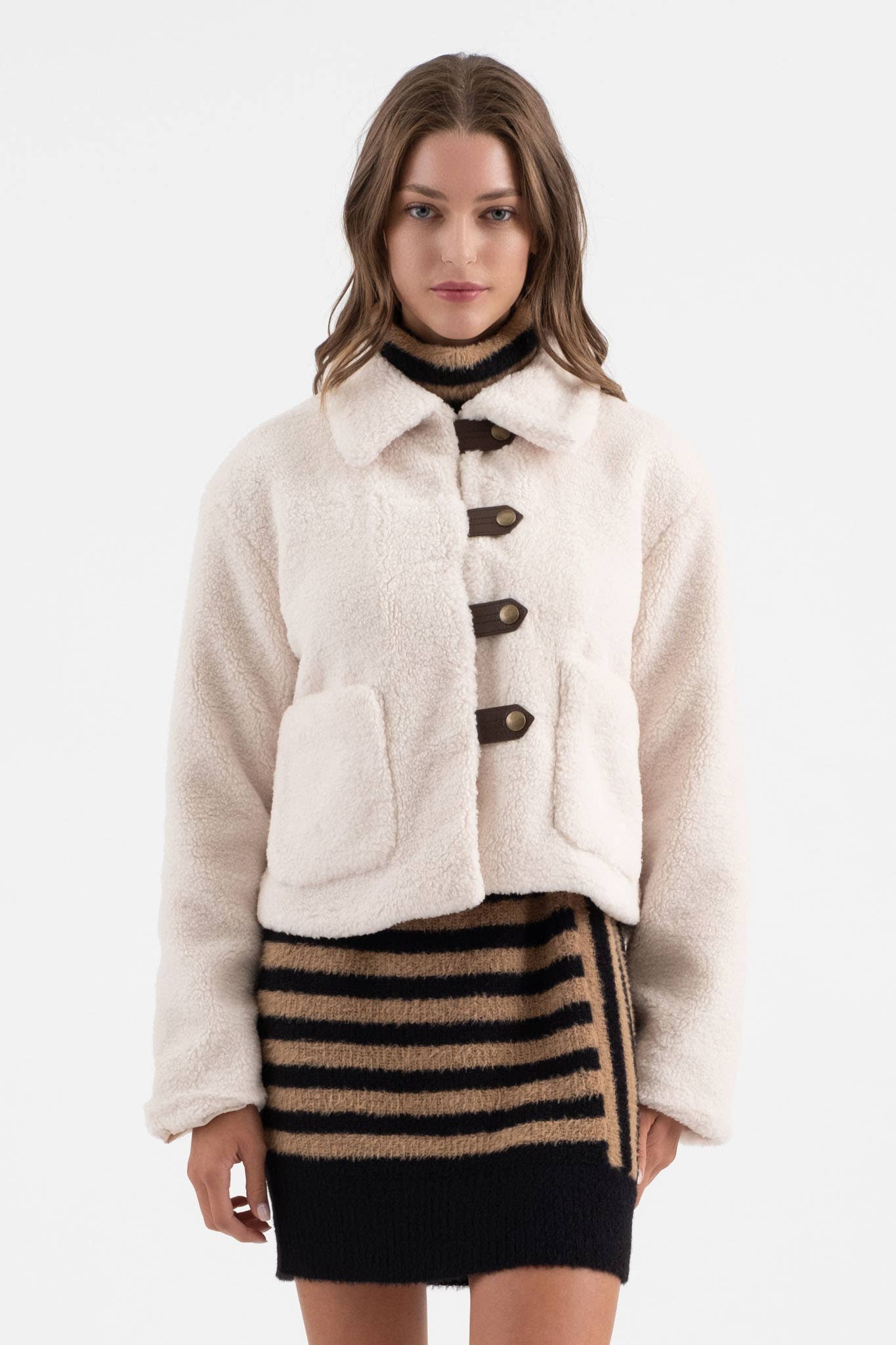 COLLARED TAB BUTTON DOWN TEDDY JACKET