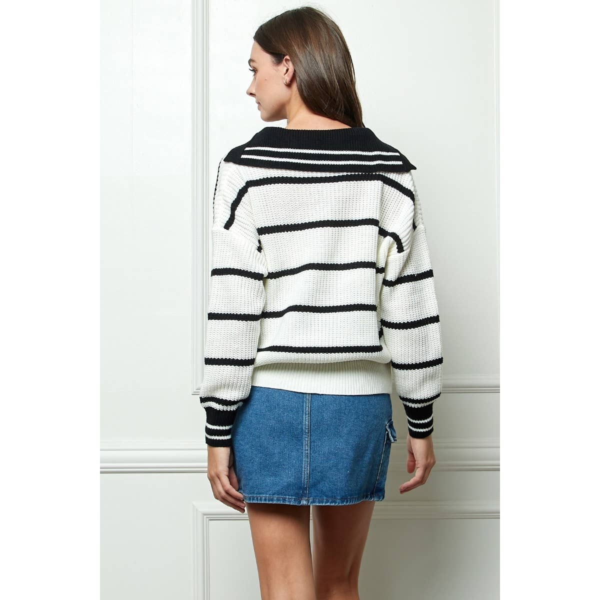 Stripe Knit Marine Collared V-neck Sweater