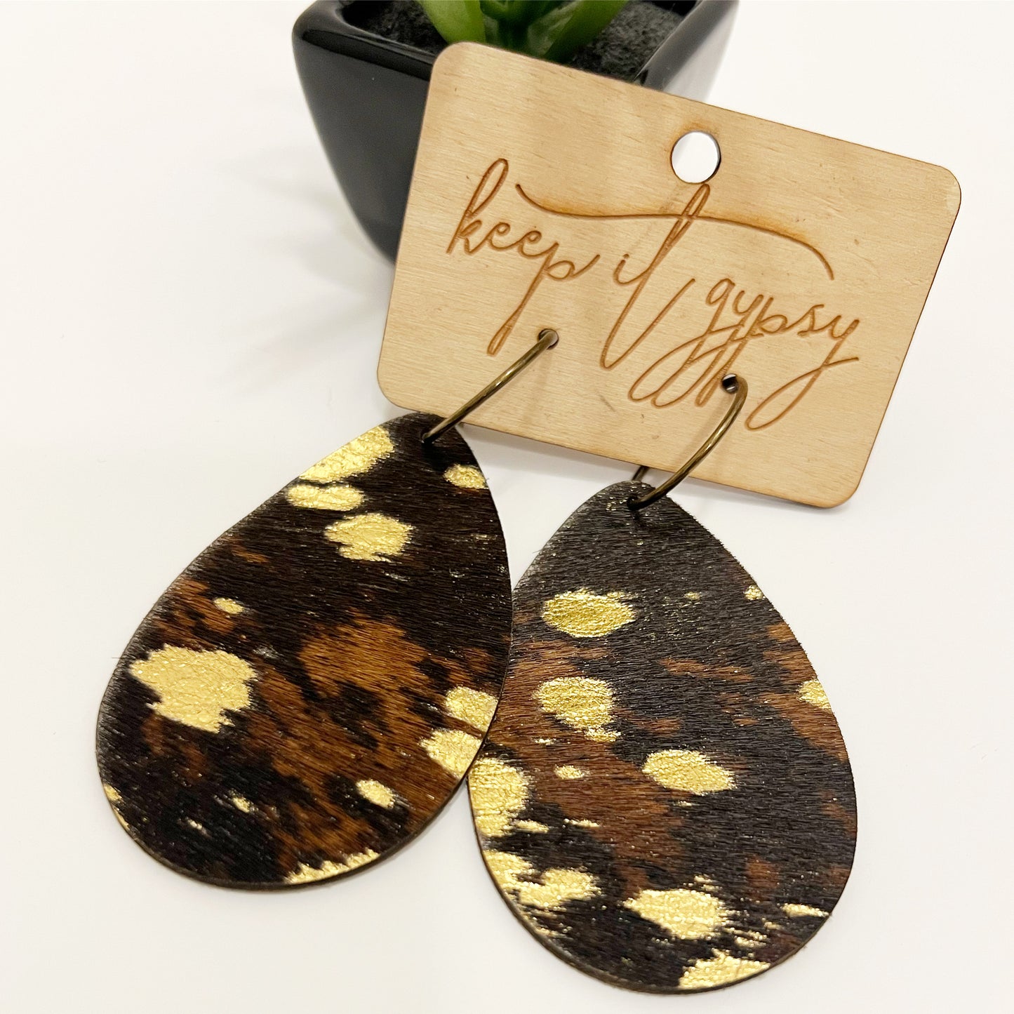 Brown & Gold Leather Drop Earrings