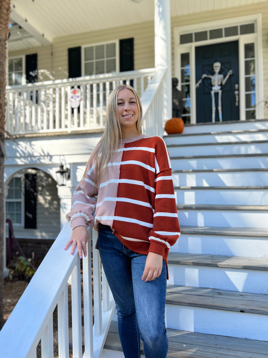 Brown Striped Dropped Shoulder Sweater