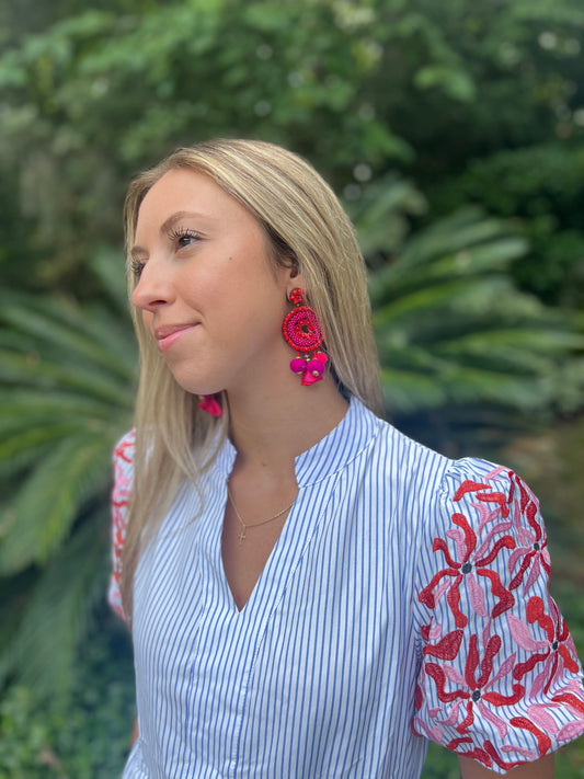 Boho Tribal Beaded Pom-Pom Drop Earrings