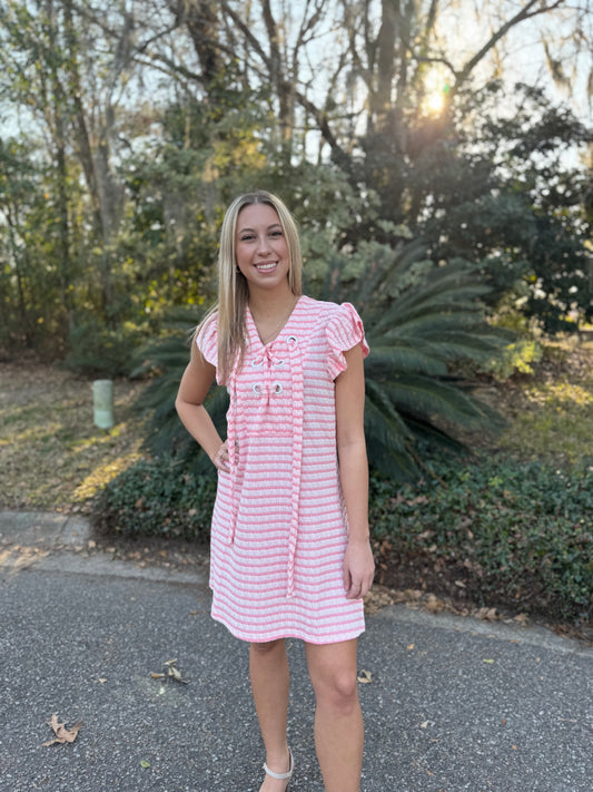 Coastal Charm Stripe Ruffle Sleeve Dress