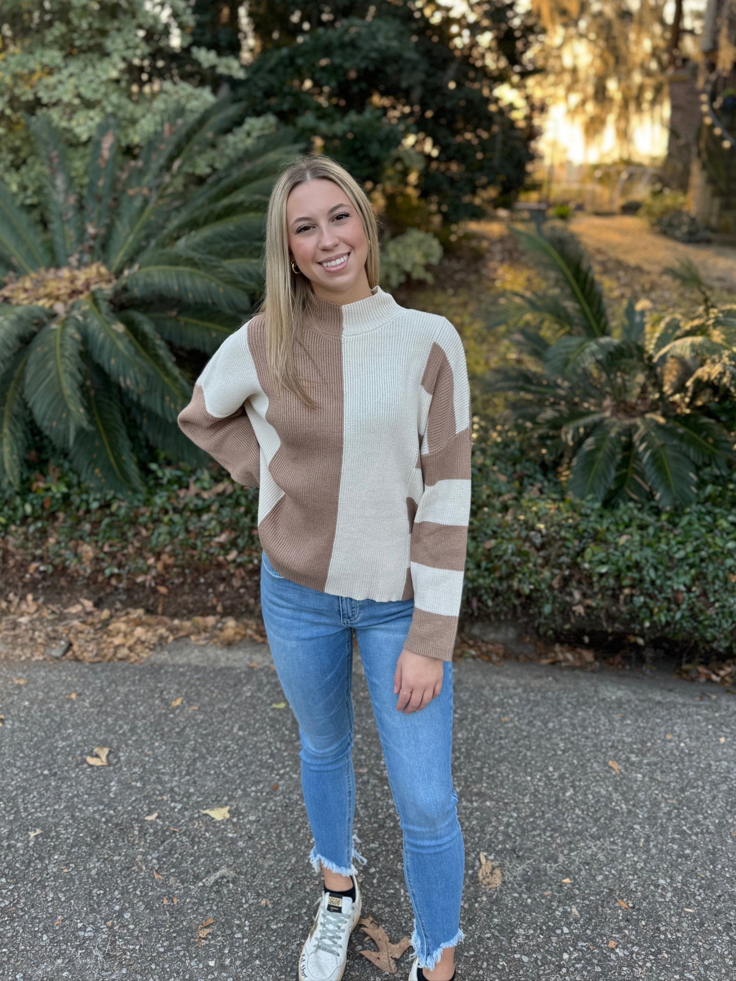 Color Block Mock Neck Sweater
