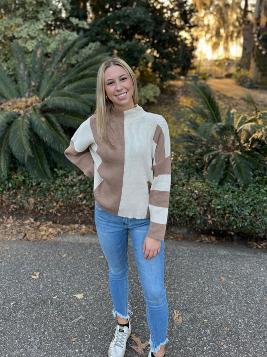 Color Block Mock Neck Sweater