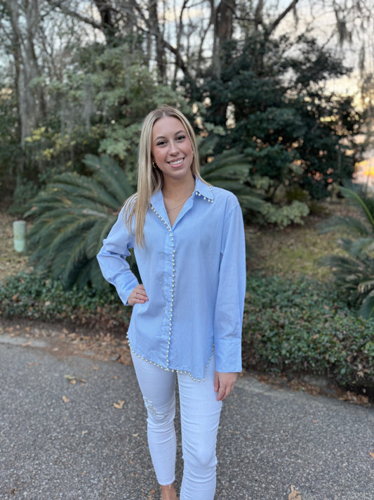 Pin stripe pearl trim dress shirt