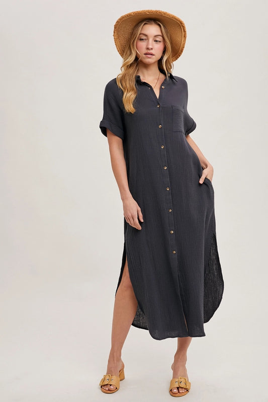 BUTTON UP MAXI SHIRT DRESS WITH POCKET