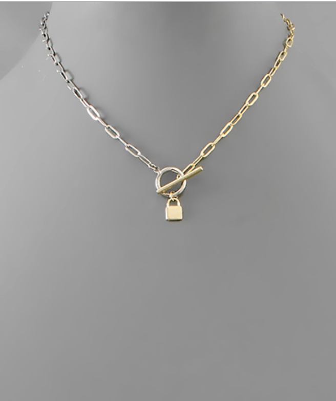 Two Toned Lock Charm Necklace