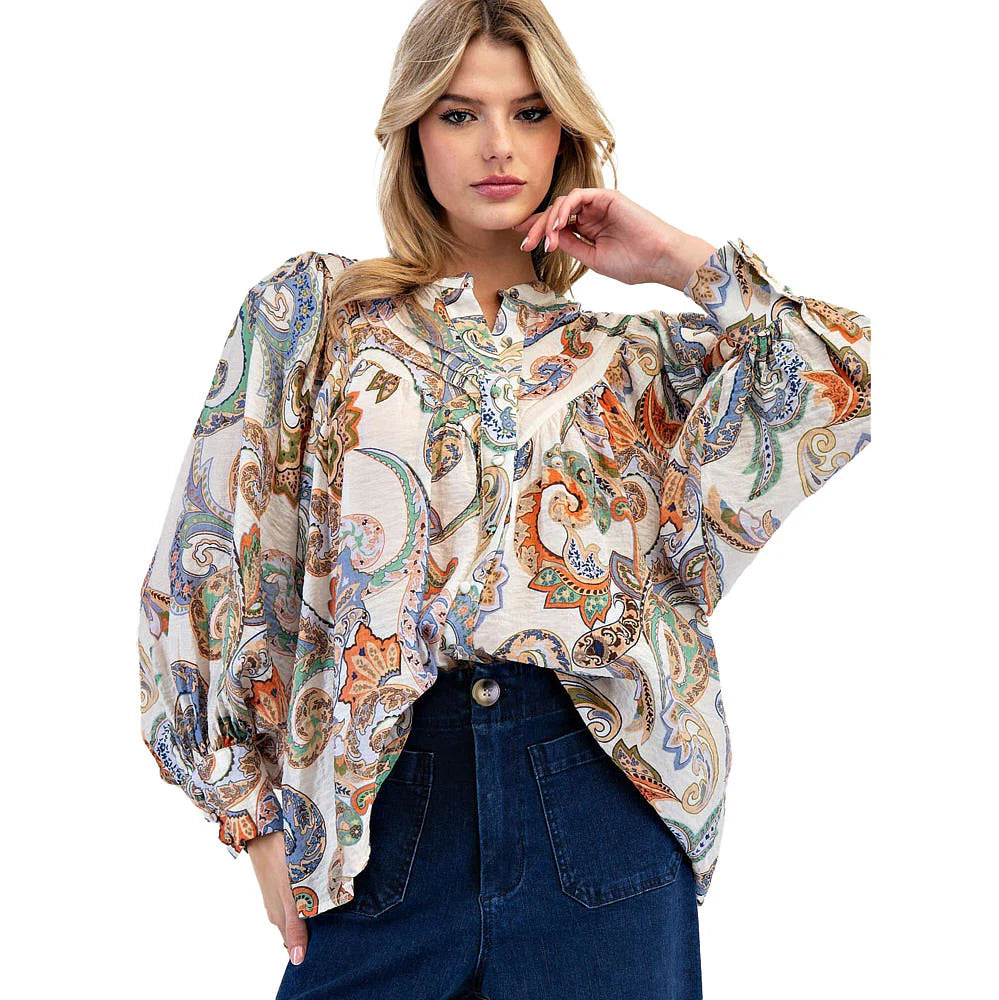 Paisley Printed Bubble Sleeve Top