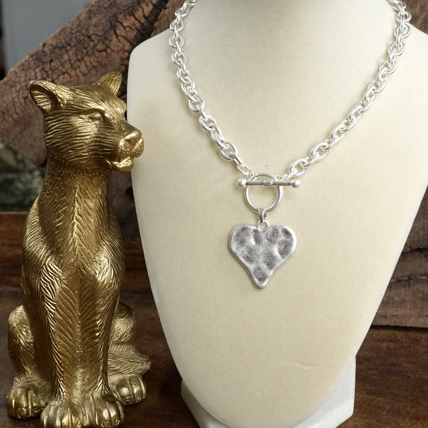 Boho Hammered Heart Front Toggle Necklace  Silver