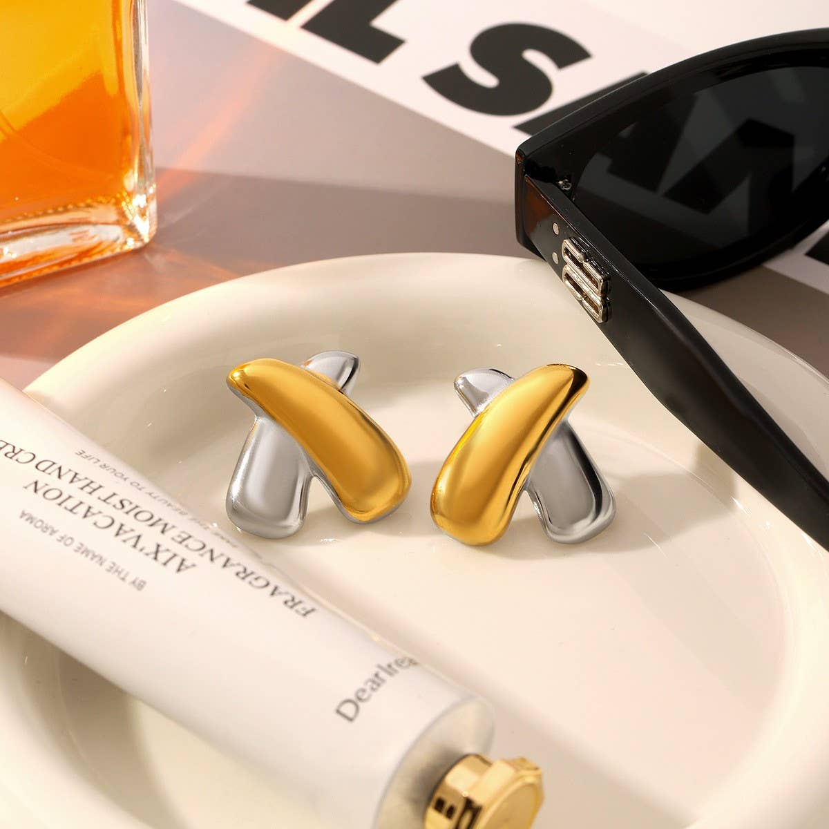 Two Toned Cross Duo Earrings