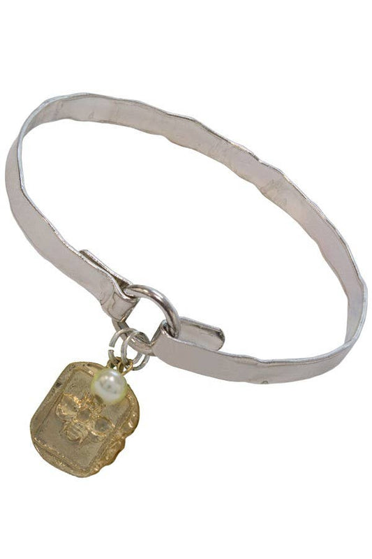 Bee On Metal Plate With Pearl Bangle Bracelet