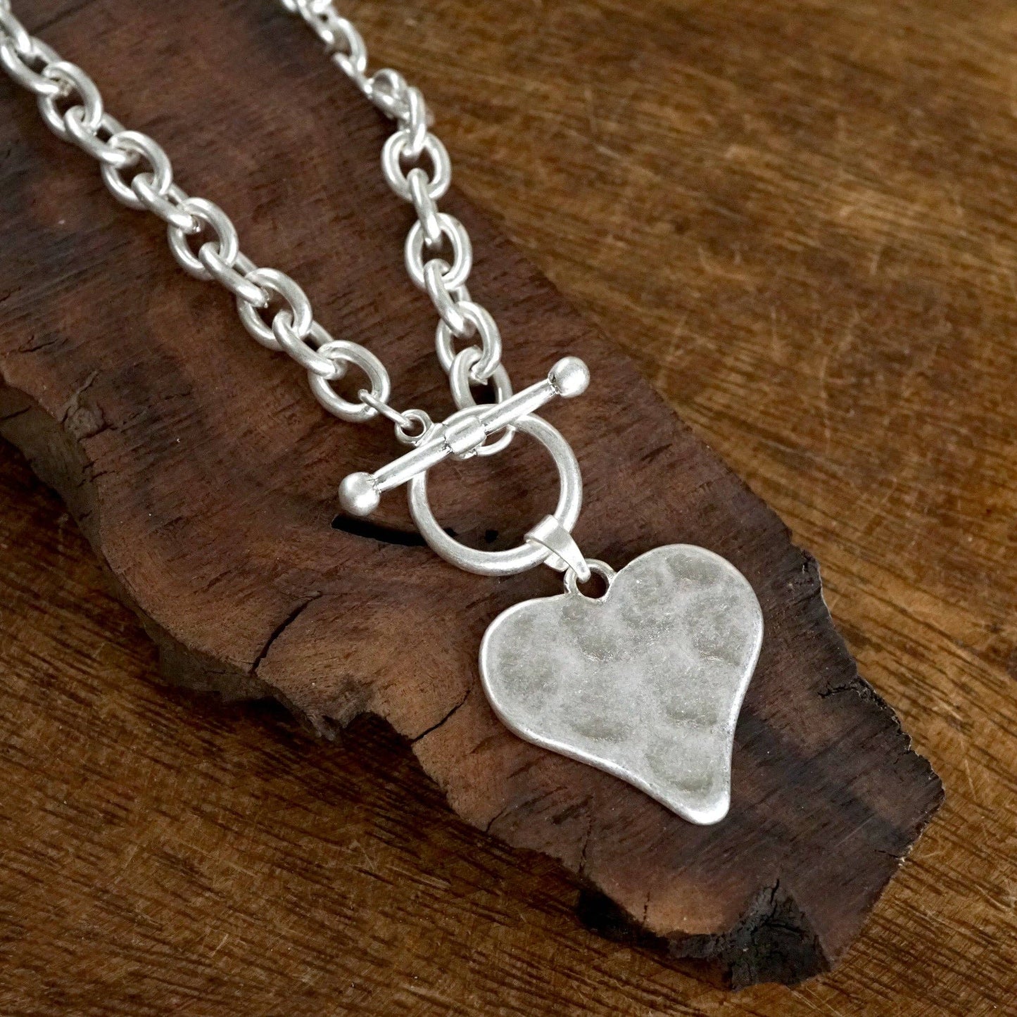 Boho Hammered Heart Front Toggle Necklace  Silver