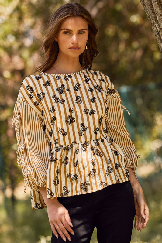 Flocked Floral Printed Striped Peplum Top