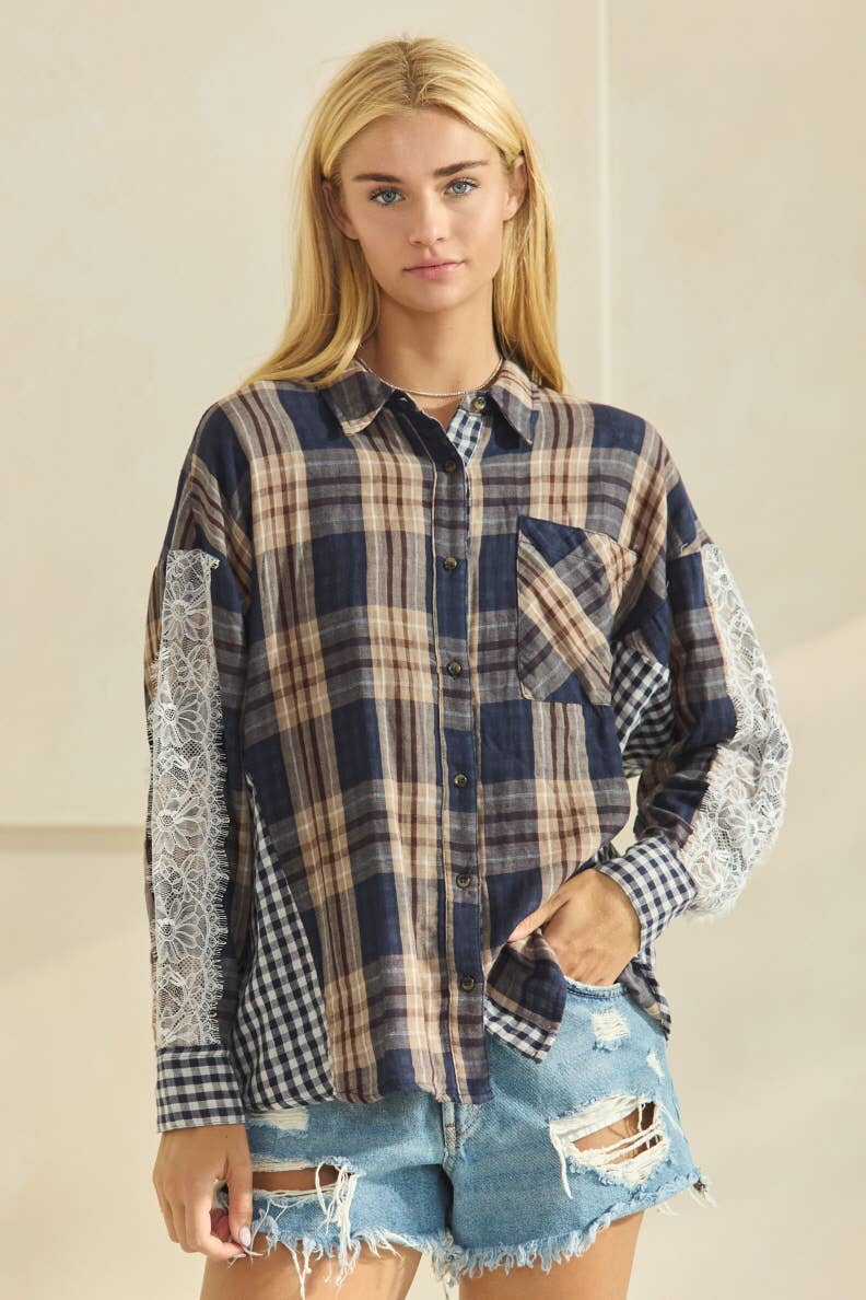 Mixed Contrast Plaid Oversized Shirt