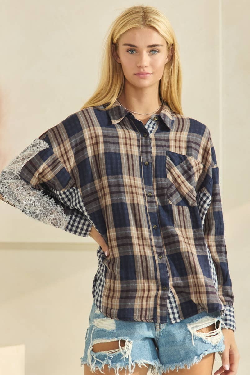 Mixed Contrast Plaid Oversized Shirt